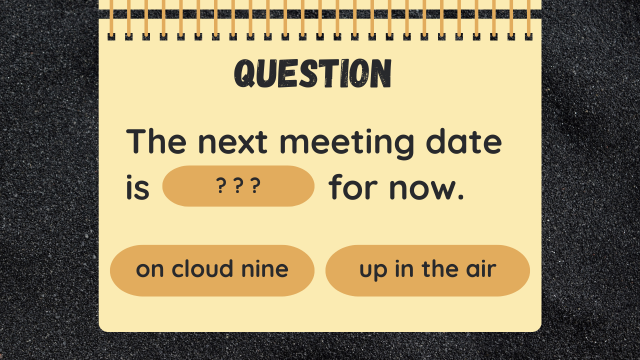 QUESTION
The next meeting date is ??? for now.
on cloud nine
up in the air
